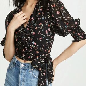 Ganni Paradise Elm Georgette Black Floral Wrap Top